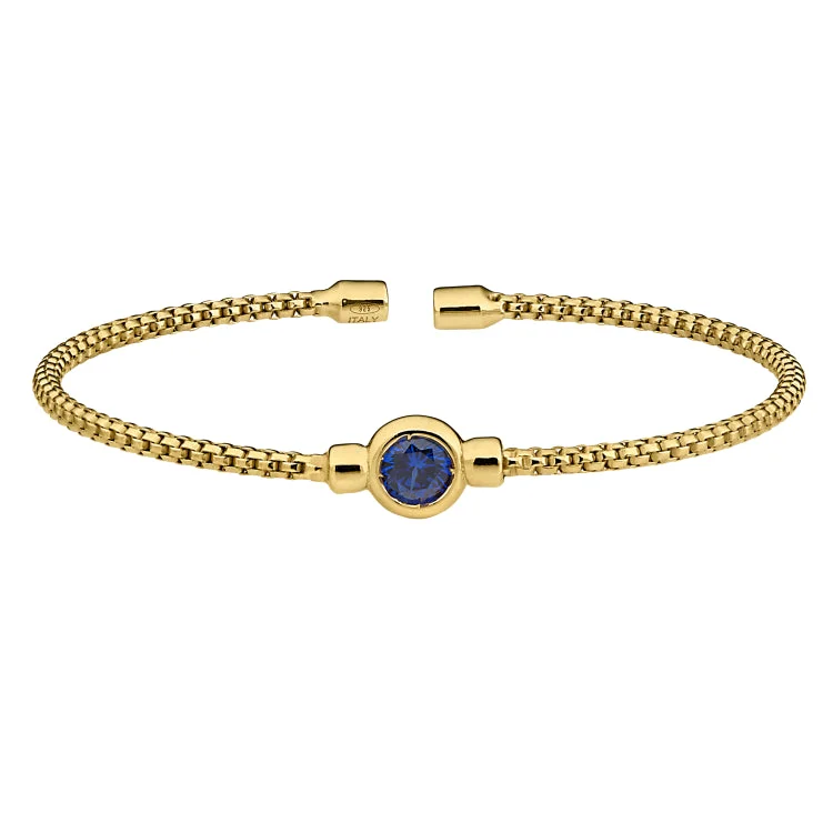 Yoga calm bracelets -Gold Finish Sterling Silver Rounded Box Link Cuff Bracelet with Bezel Set Simulated Sapphire Birth Gem