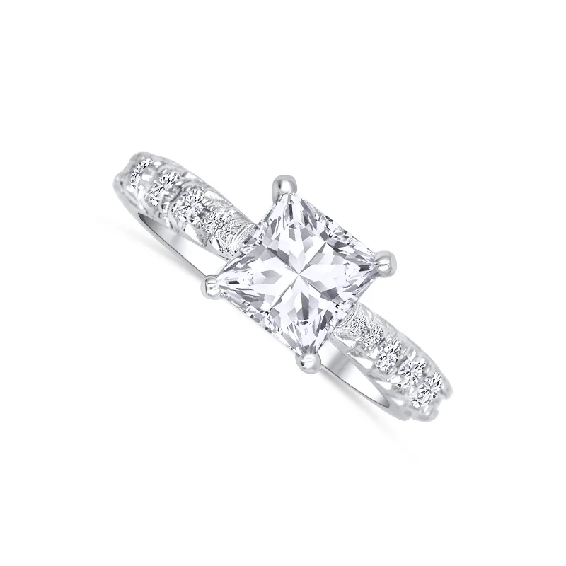 Ladies Engagement Rings Triangle Shine-14K White Gold Princess Cut Diamond Engagement Ring 2.00 Carat Center Diamond 0.42 Carat Diamond Accents on the band