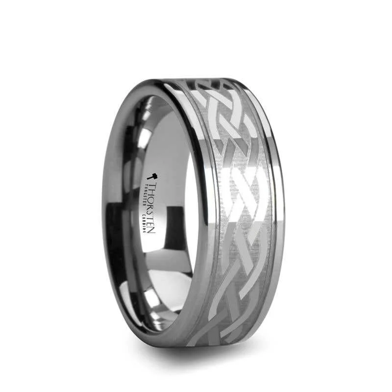 Ladies Rings for Photo Glow-Thorsten PAETUS Flat Dual Offset Grooved Tungsten Ring with Celtic Design - 8mm & 10mm