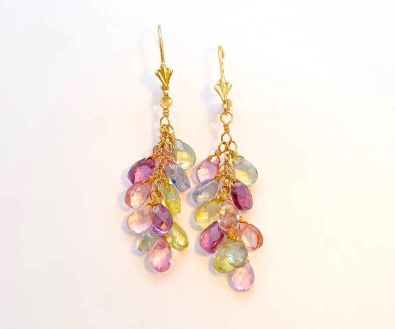 Ladies Earrings for Aunt Glow-Assorted Gem "Hanging Grapes" Dangle Earrings in 14K Yellow Gold