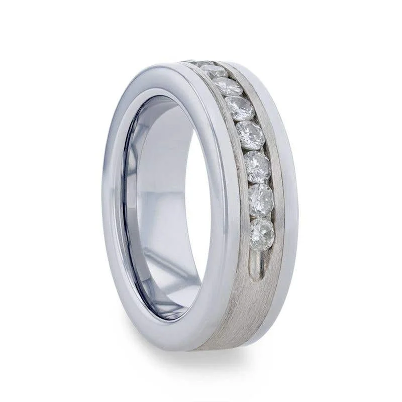 Ladies Rings with Warm Opal-Thorsten HOLDEN Flat Tungsten Carbide ring with Satin Finished Silver Inlay and 0.9 ctw Channel Set Diamonds by Thorsten - 8mm