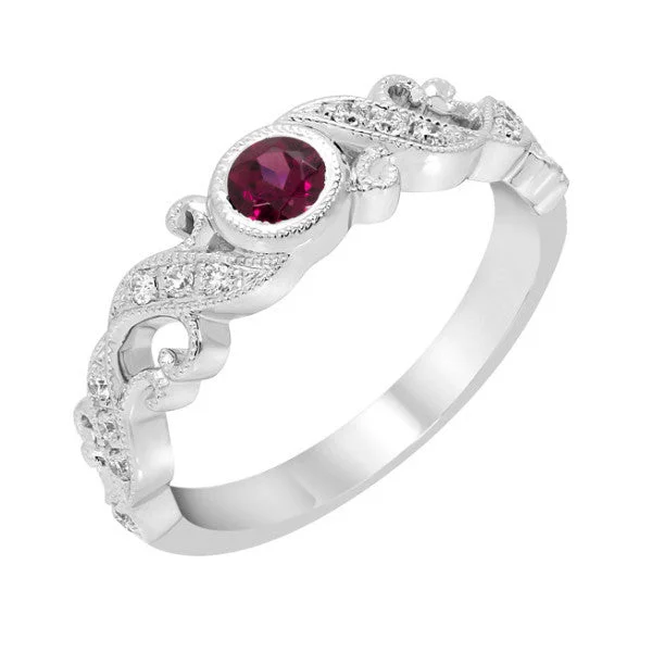 Ladies Rings Budget Shine-14k White Gold Ruby Bezel and Diamond Filigree Ring