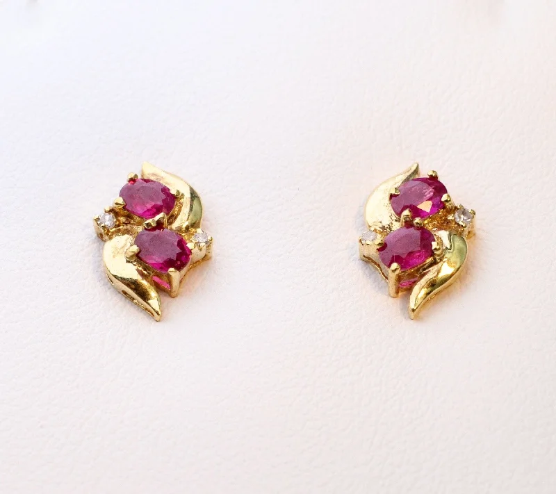 Ladies Earrings for Elder Spark-14K yellow gold post earrings with Rubies and Diamonds