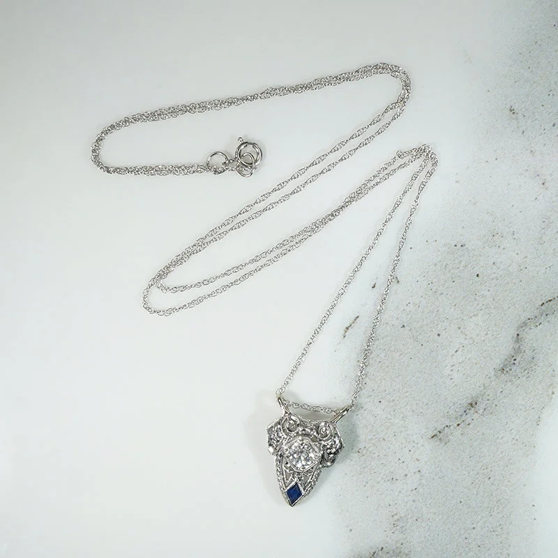 Ladies celebratory glow necklaces -Fanciful Filigree Diamond & Sapphire in White Gold Necklace