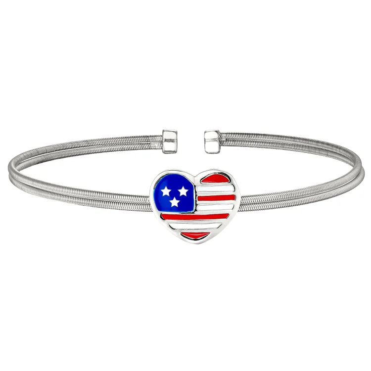 Shimmering flash bracelets -Rhodium Finish Sterling Silver Two Cable Cuff Bracelet with a Centeral Heart with an American Flag..