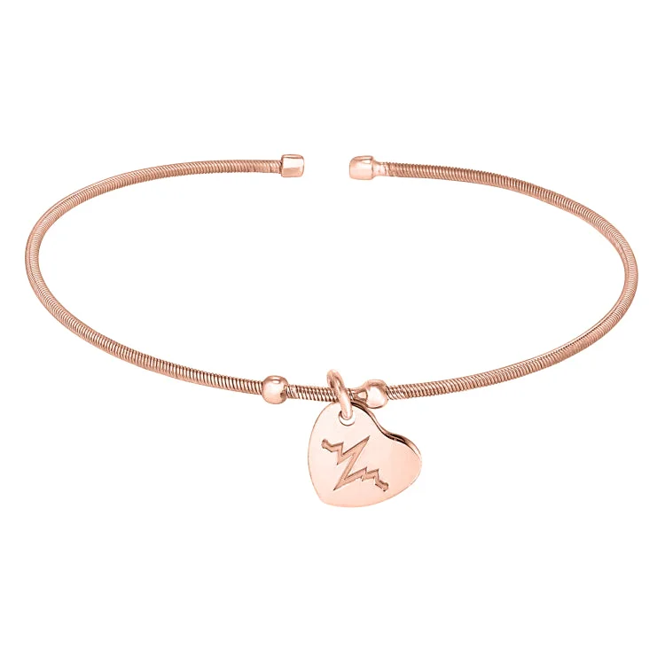 Flowing hippie bracelets -Rose Gold Finish Sterling Silver Cable Cuff Bracelet with a Dangling Polished Heart Charm with a Heartbeat Design.