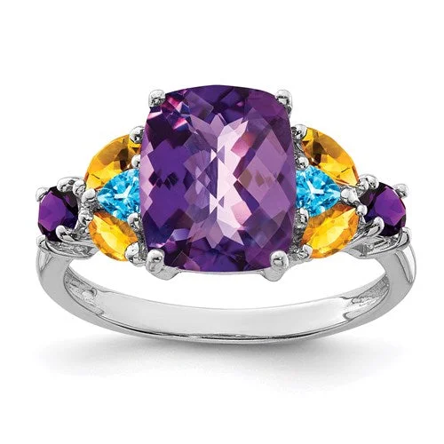 Ladies Rings for Aunt Spark-Sterling Silver Cushion Amethyst, Blue Topaz And Citrine Ring