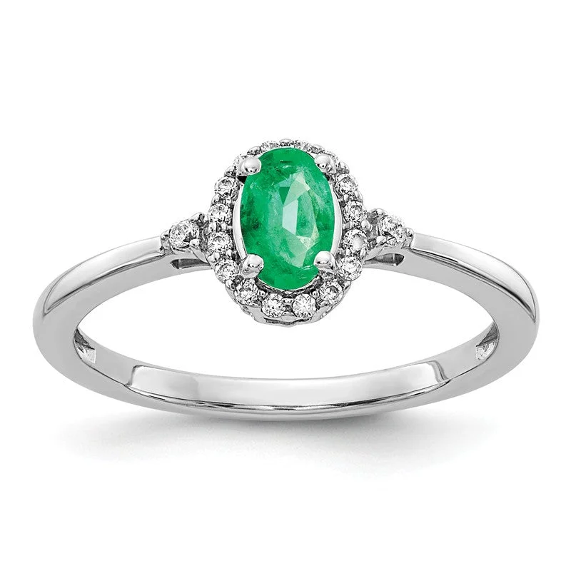 Ladies Rings with Aqua Hemimorphite-14k White Gold Oval Genuine Emerald And Diamond Halo Ring