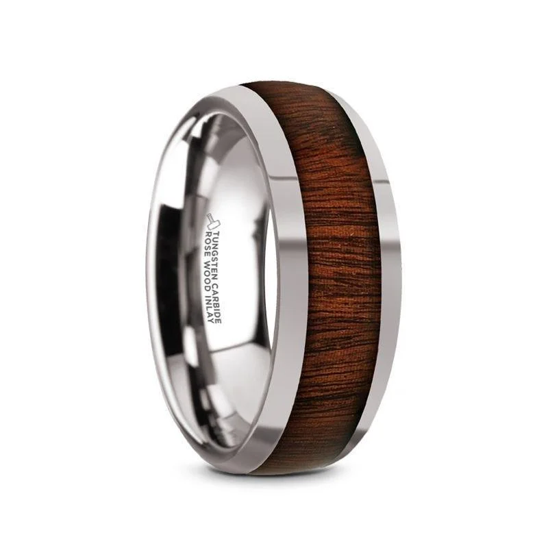 Ladies Engagement Rings with Morganite Spark-Thorsten DALBERG Tungsten Carbide Rosewood Inlay Polished Finish Men’s Domed Wedding Ring - 8mm