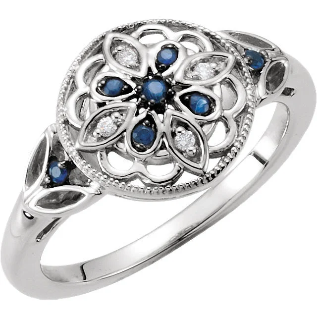 Ladies Rings Light Spark-Sterling Silver Genuine Blue Sapphire & Diamond Floral Filigree Ring