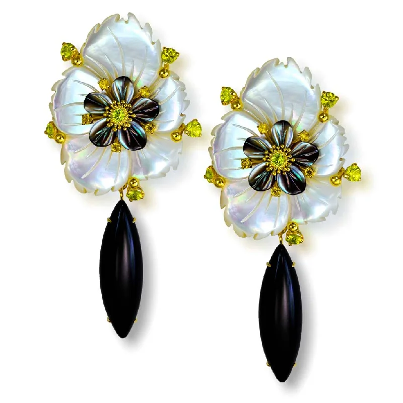 Ladies Earrings with Lilac Iolite-Blossom Convertible Earrings with Carved Mother Of Pearl & Onyx