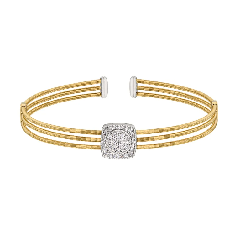 Cherished antique bracelets -Gold Finish Sterling Silver Three Cable Cuff Bracelet with Rhodium Finish Simulated Diamond Circle In Square