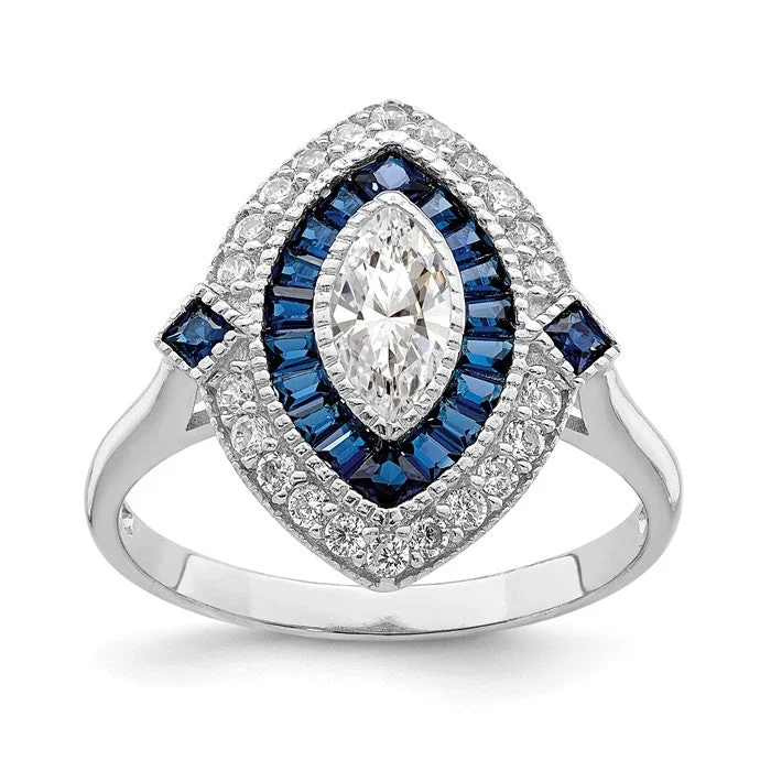 Ladies Rings Gift Glow-Sterling Silver Created Blue Spinel And CZ Marquise Halo Ring