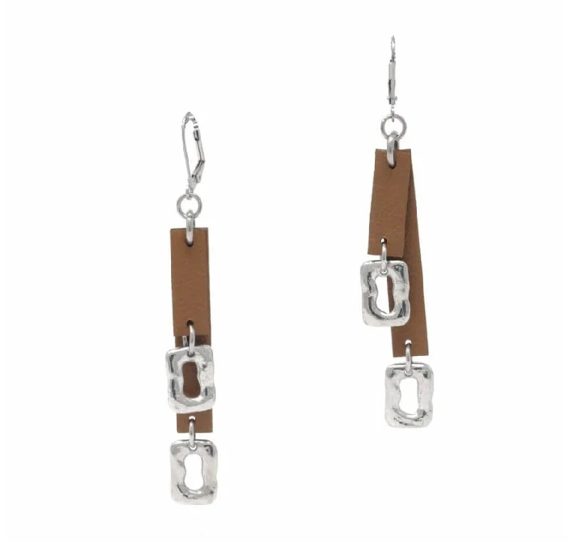 Ladies Earrings for Date Glow-Sobo Double Tan Leather and Small Ring Feature Earrings