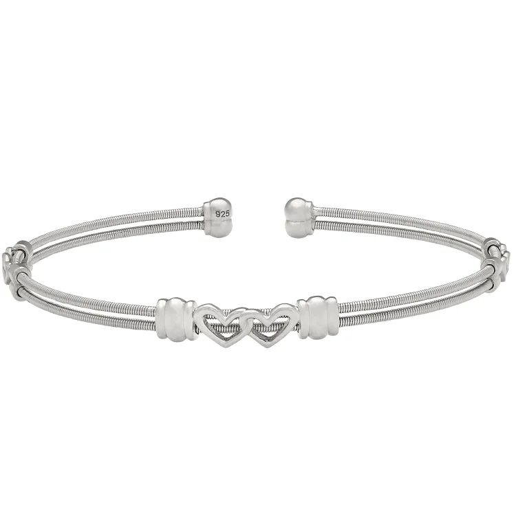 Ethereal moonstone bracelets -Rhodium Finish Sterling Silver Two Cable Cuff Bracelet with Two Linked Hearts