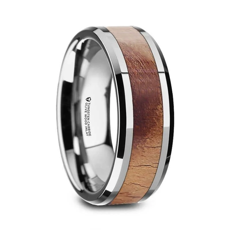 Ladies Rings Fine Shine-Thorsten OLLIVANDER Olive Wood Inlaid Tungsten Carbide Ring with Bevels - 6mm & 8mm