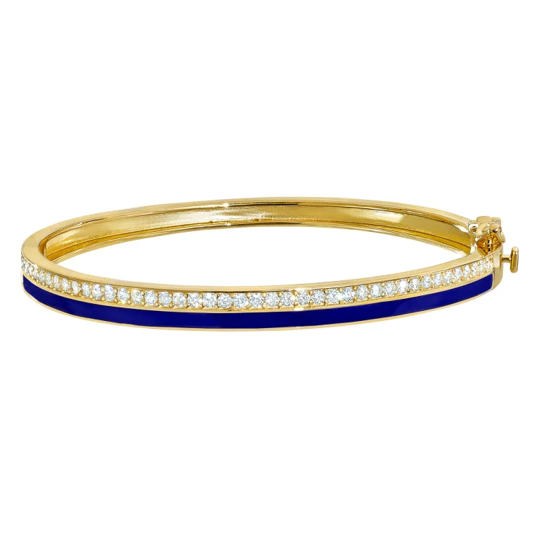 Mirror polish bracelets -Gold Vermeil Sterling Silver Micropave Hinged Bangle Bracelet with with Navy Enamel and Simulated Diamonds