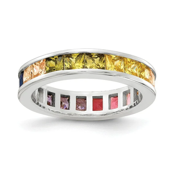 Ladies Rings for Grad Glow-Sterling Silver Multi Color Rainbow Princess Square Channel Set CZ Eternity Band Ring