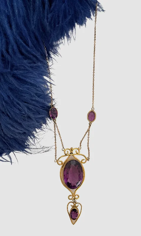 Ladies throwback retro necklaces -LA BELLE EPOQUE Edwardian Gold Tone and Amethyst Lavaliere Necklace