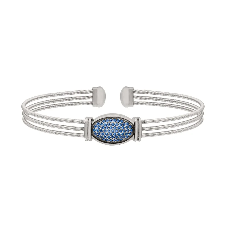 Hopeful light bracelets -Rhodium Finish Sterling Silver Three Cable Cuff Bracelet with Black Rhodium Finish Simulated Blue Sapphire Oval