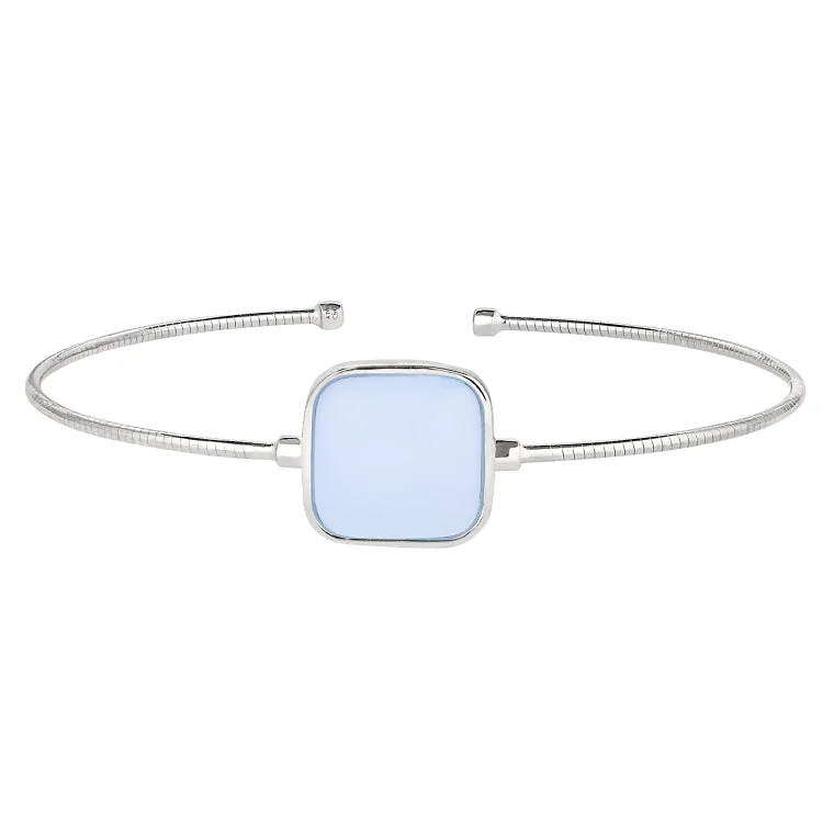 Lunar whisper bracelets -Rhodium Finish Sterling Silver Rounded Omega Cable Cuff Bracelet with a Square Aqua Marine Murano Glass Stone