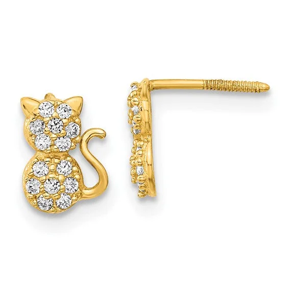 Ladies Earrings with Radiant Gems-14k Yellow Gold Solid Madi K Youth CZ Sitting Cat Screwback Earrings