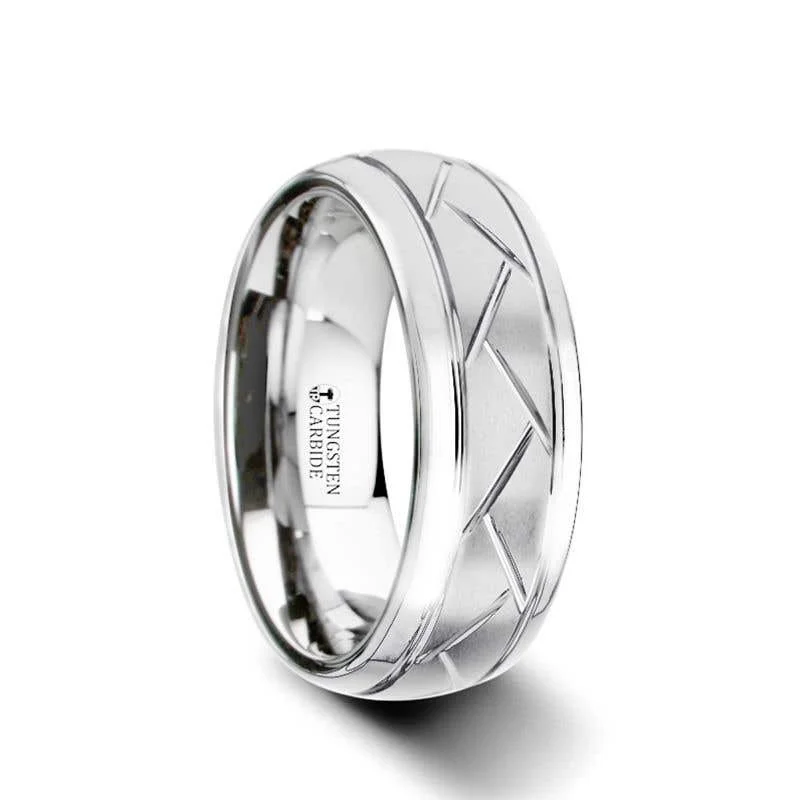 Ladies Rings for Elder Shine-Thorsten OCTAVIAN Domed Tungsten Carbide Ring with Crisscross Grooves and Brushed Finish - 8mm