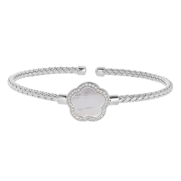 Expansive wide bracelets -Rhodium Finish Sterling Silver Basketweave Cable Cuff  Bracelet with a Flower Shaped MOP Stone and Simulated Diamonds