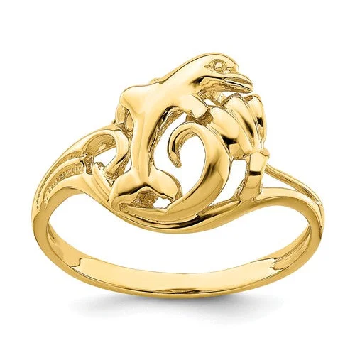 Ladies Rings with Black Onyx-14k Yellow Gold Dolphin Jumping In Wave Ring