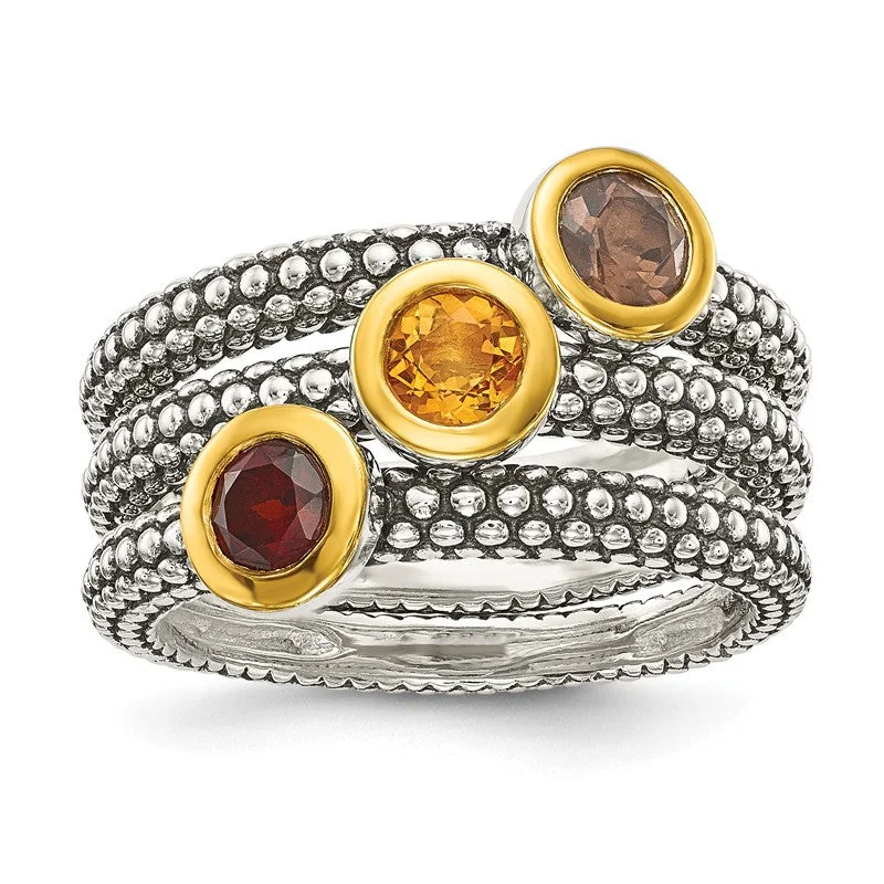 Ladies Rings with Grey Hematite-Sterling Silver Set of 3 Flash Gold Garnet, Citrine & Smoky Quartz Stackable Rings