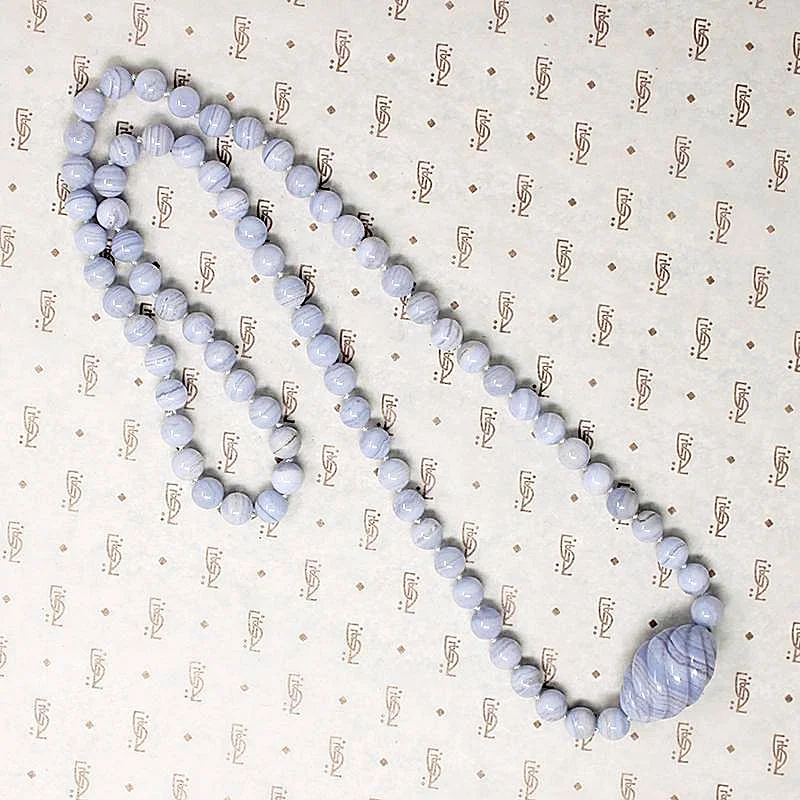 Ladies sacred cross necklaces -Blue Lace Agate Necklace with Delicate Carved Bead