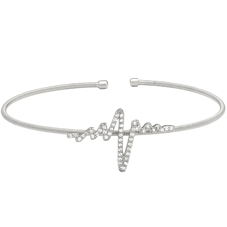 Woven craft bracelets -Rhodium Finish Sterling Silver Cable Cuff Heartbeat Bracelet with Simulated Diamonds