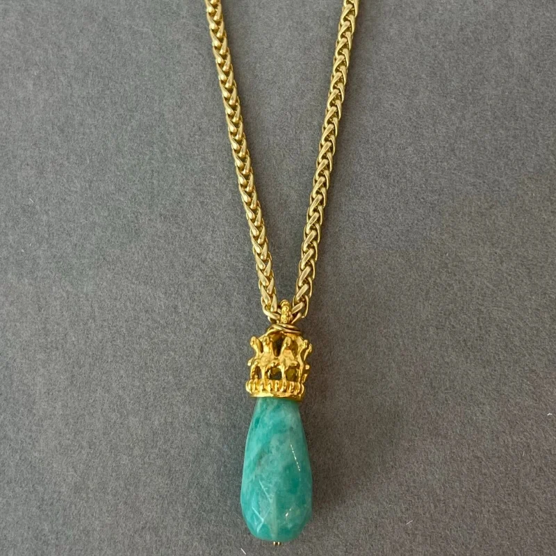 Ladies twinkling diamond necklaces -Necklace - Vermeil Crown on Amazonite Hangs on Wheat Chain