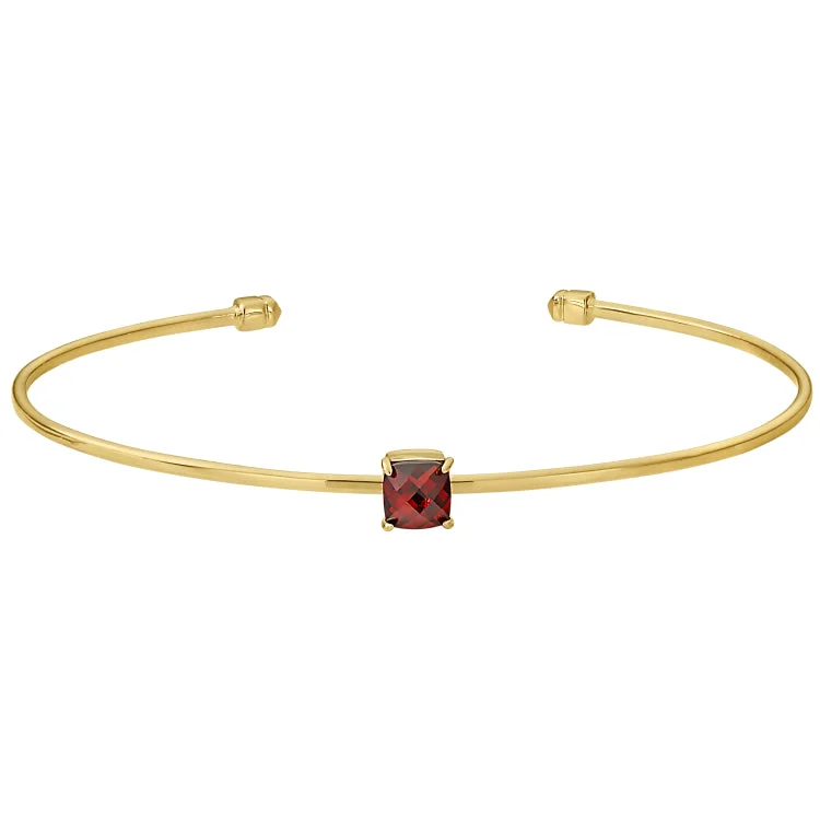 Exotic eastern bracelets -Gold Finish Sterling Silver Pliable Cuff Bracelet with Faceted Cushion Cut Simulated Garnet Birth Gem - January