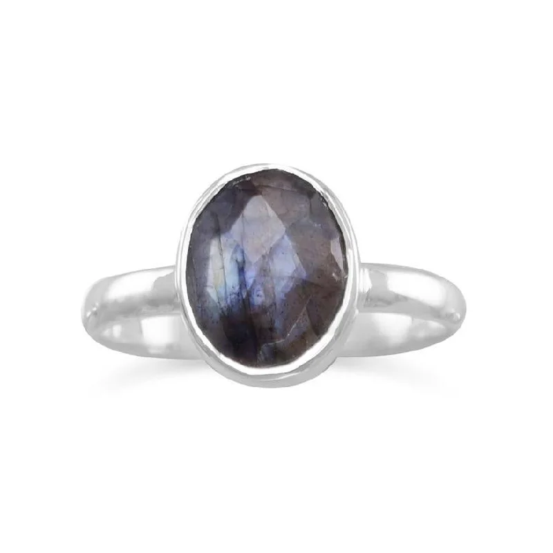 Ladies Rings Pearl Spark-Sterling Silver Labradorite Bezel Set Oval Faceted Stackable Ring