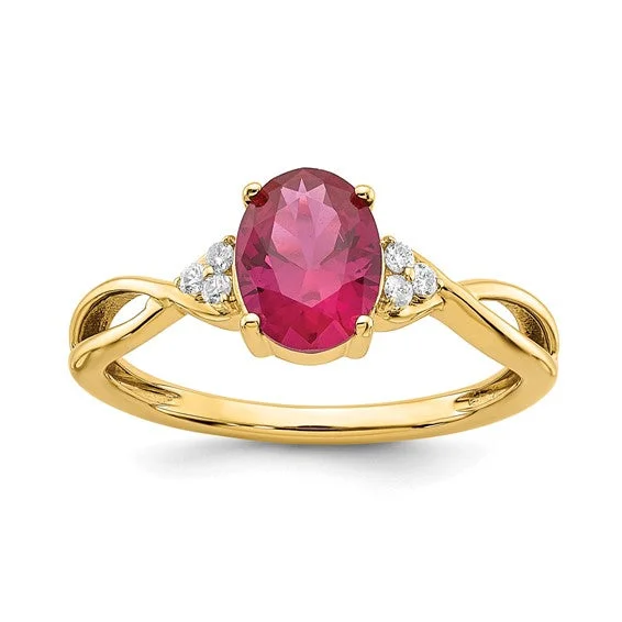 Ladies Rings with White Muscovite-14k Yellow Gold Oval Created Ruby and Diamond Ring