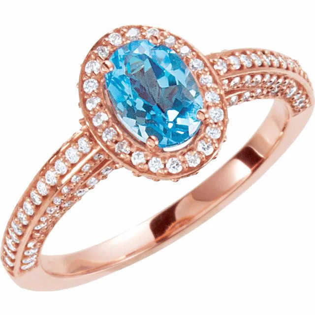 Ladies Engagement Rings in Warm Gold-14k Rose Gold Swiss Blue Topaz Oval & Diamond Halo Engagement Ring