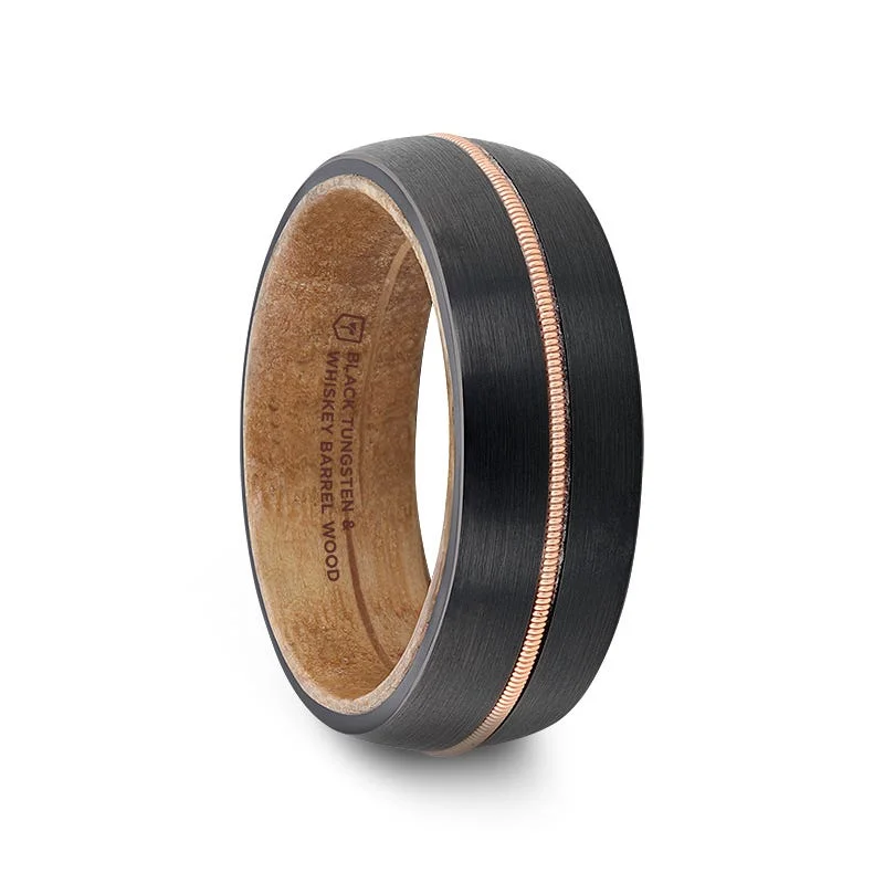 Ladies Rings for Music Spark-Thorsten CHORDAL Black Tungsten Ring with Brass Guitar String and Whiskey Barrel Inner Sleeve - 8mm