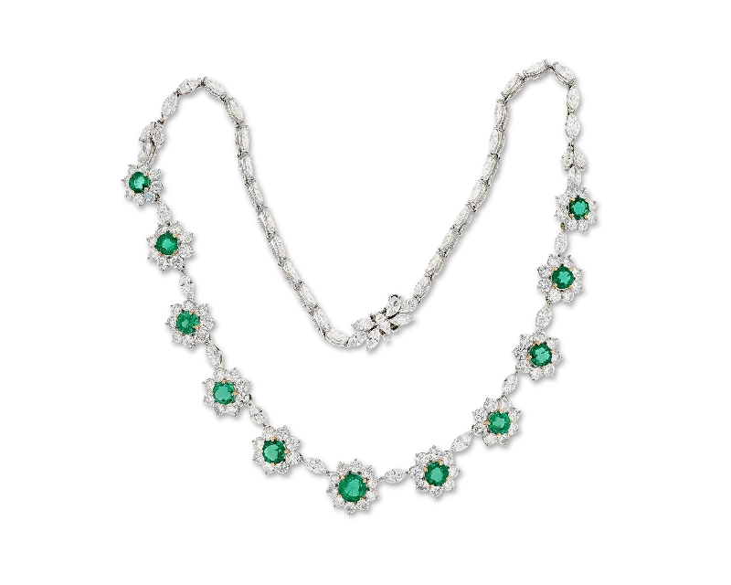 Ladies lone stone necklaces -Emerald and Diamond Floral Necklace