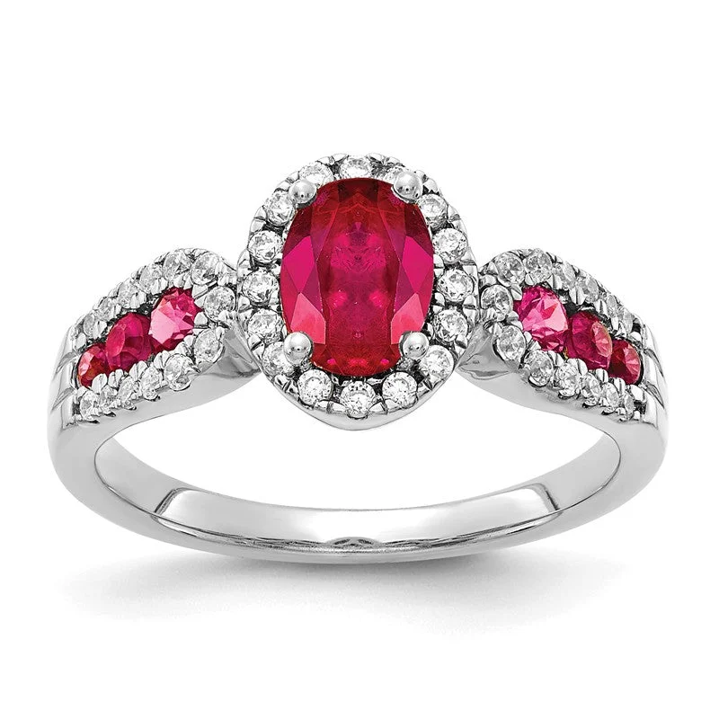 Ladies Rings Bold Glow-14K White Gold Oval Genuine Ruby And Channel Set Diamond Halo Ring