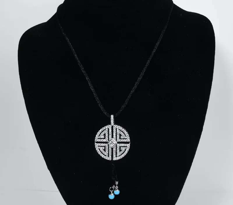 Ladies infinite loop necklaces -Black Silk Necklace with Bling Silver Tone Pendant - 16.5"