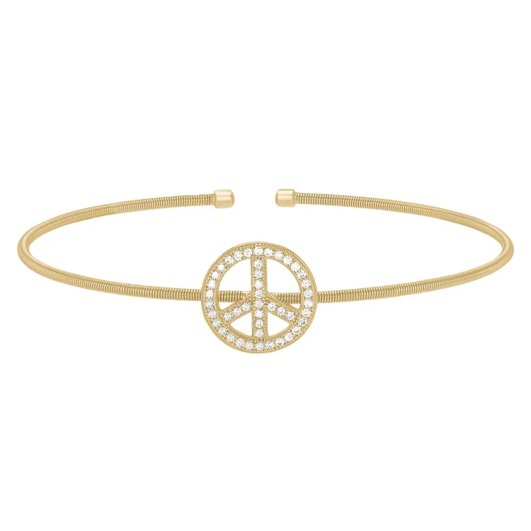 Subtle grace bracelets -Gold Finish Sterling Silver Cable Cuff Peace Sign Bracelet with Simulated Diamonds