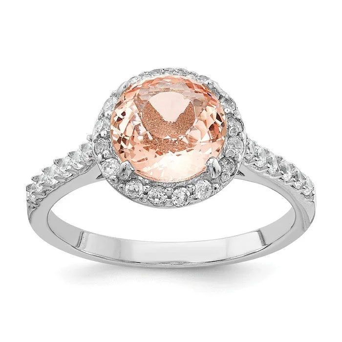 Ladies Rings for Bestie Spark-Cheryl M Sterling Silver Simulated Morganite Round Halo Ring