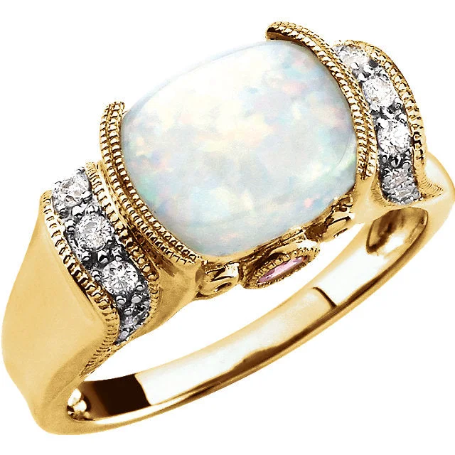 Ladies Rings with Teal Chrysocolla-14k Yellow Gold Australian Opal, Pink Tourmaline & 1/6 CTW Diamond Ring