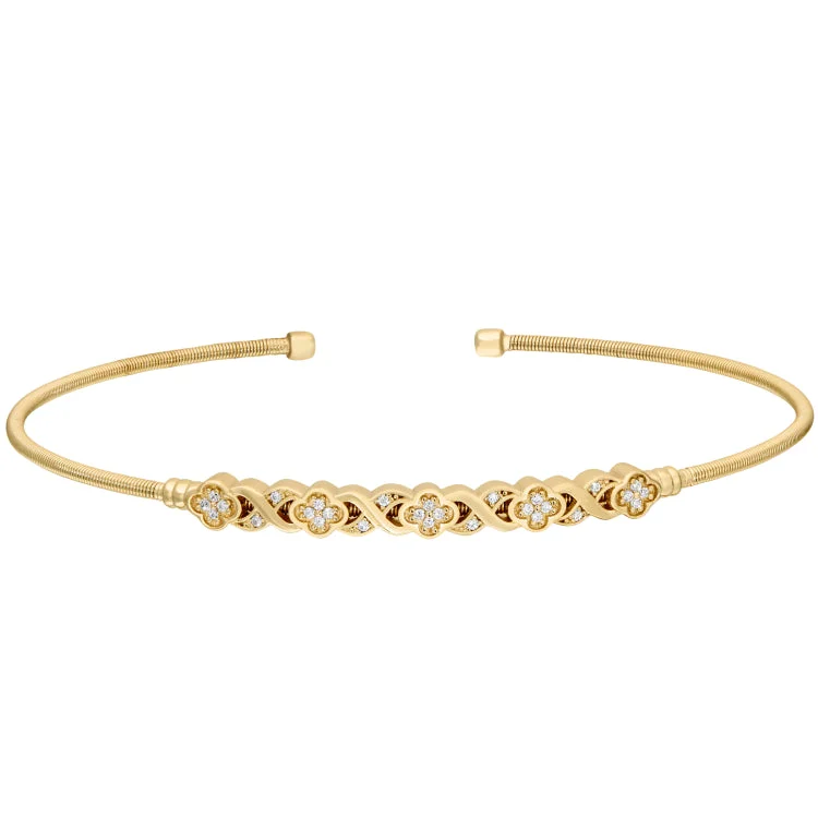 Poised elegance bracelets -Gold Finish Sterling Silver Cable Cuff Bracelet with Simulated Diamond XO Flower Design