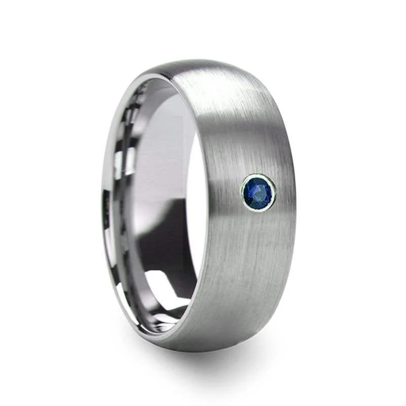 Ladies Engagement Rings Round Spark-Thorsten MELANTHIOS Men’s Domed Brushed Tungsten Wedding Ring with Blue Diamond Center - 6mm & 8mm