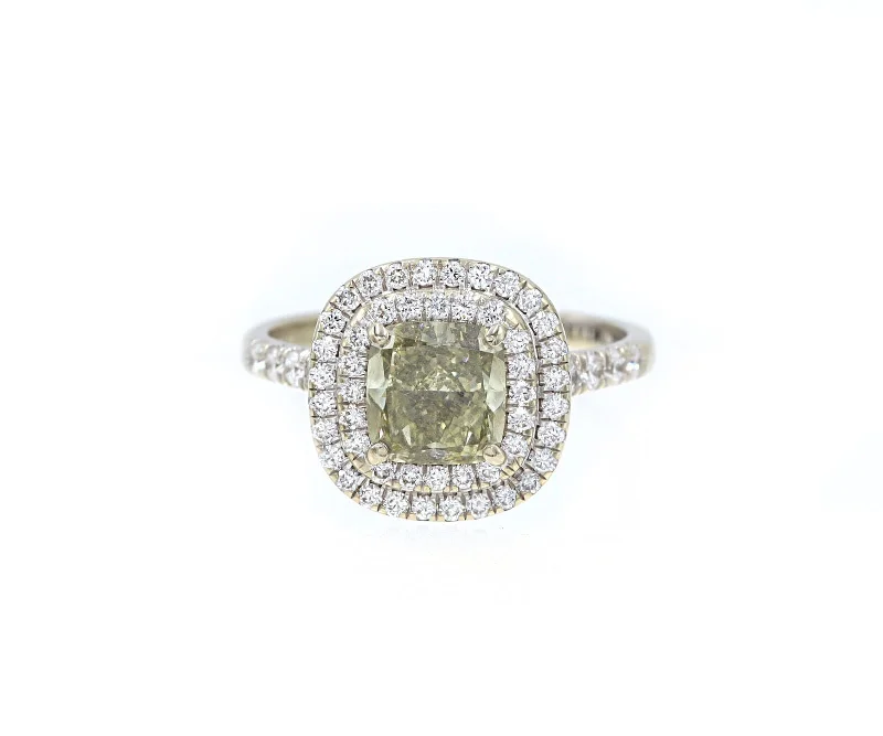 Ladies Engagement Rings with Vivianite Spark-1.55ct Grey-Green Yellow Cushion Diamond Double Frame Engagement Ring 14K