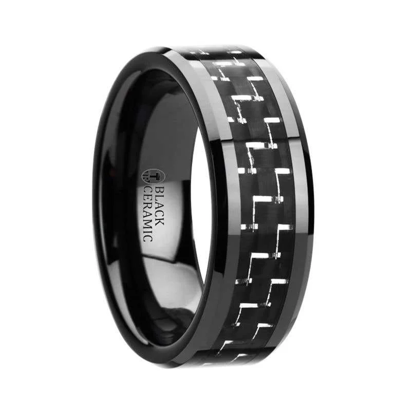 Ladies Rings for Dance Shine-Thorsten TITAN Black Beveled Ceramic Ring with Silver & Black Carbon Fiber Inlay - 8mm