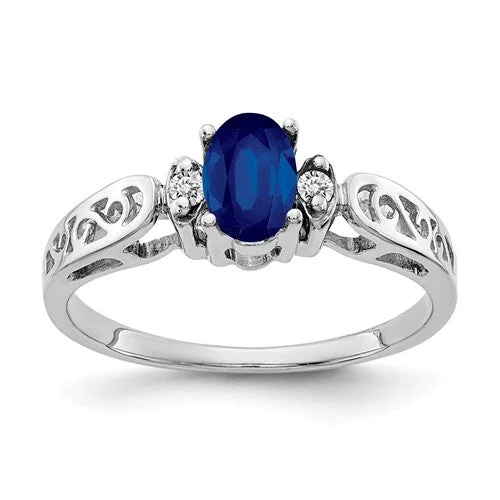 Ladies Rings with Brown Astrophyllite-14k White Gold 6x4mm Oval Blue Sapphire and Diamond Filigree Side Ring