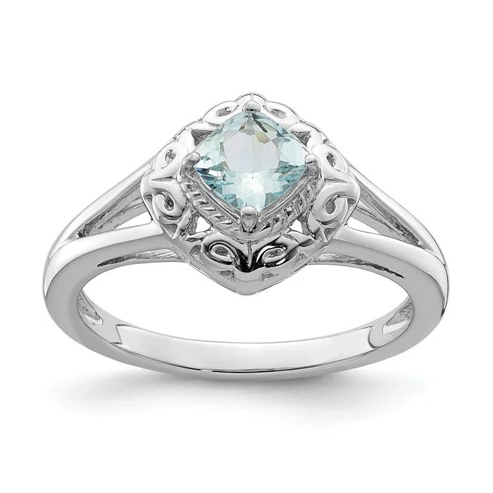 Ladies Rings with Rose Quartz-Sterling Silver Genuine Aquamarine Square Cushion Filigree Ring